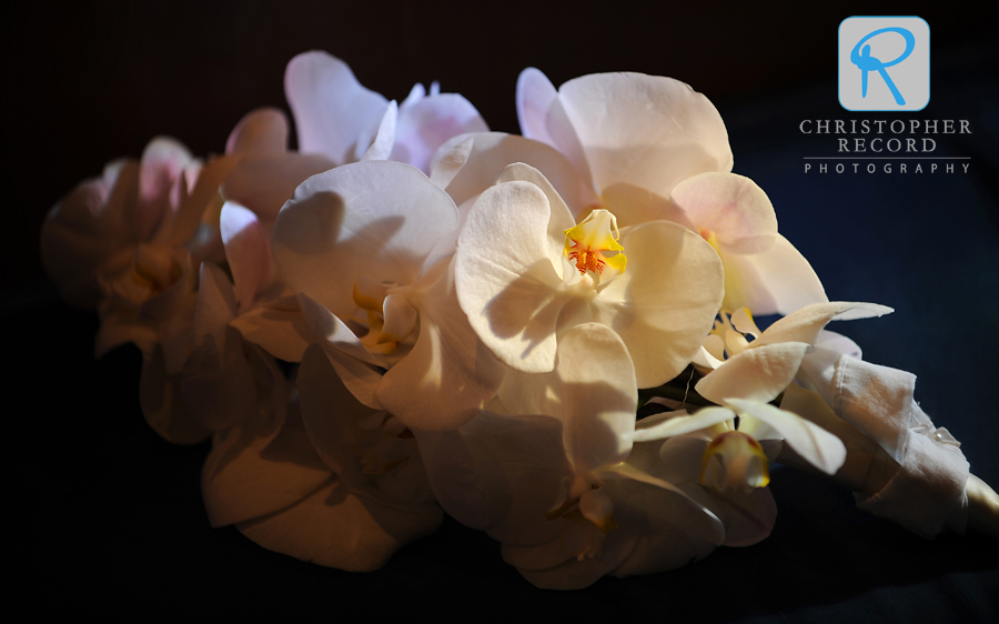 Jackie's beautiful bouquet, phalaenopsis orchids by Crawford and Company
