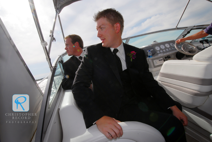 The men, including Alison's brother Chris in front, got a boat ride to the ceremony