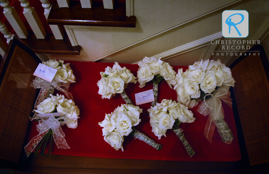 Bouquets organized on a bench before the ceremony at Providence United Methodist Church