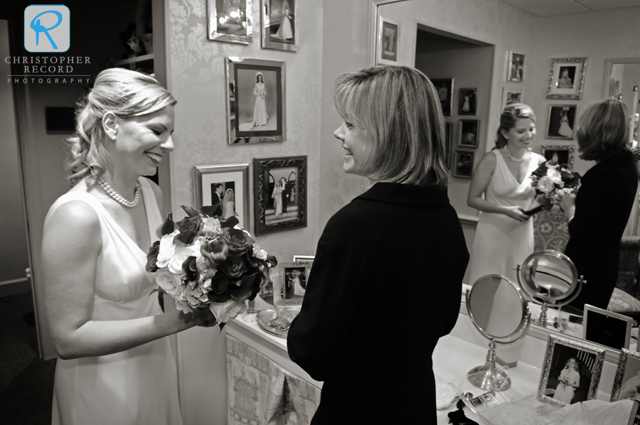 Liz tells her sister she looks beautiful as they wait in the bride's room at First Presbyterian