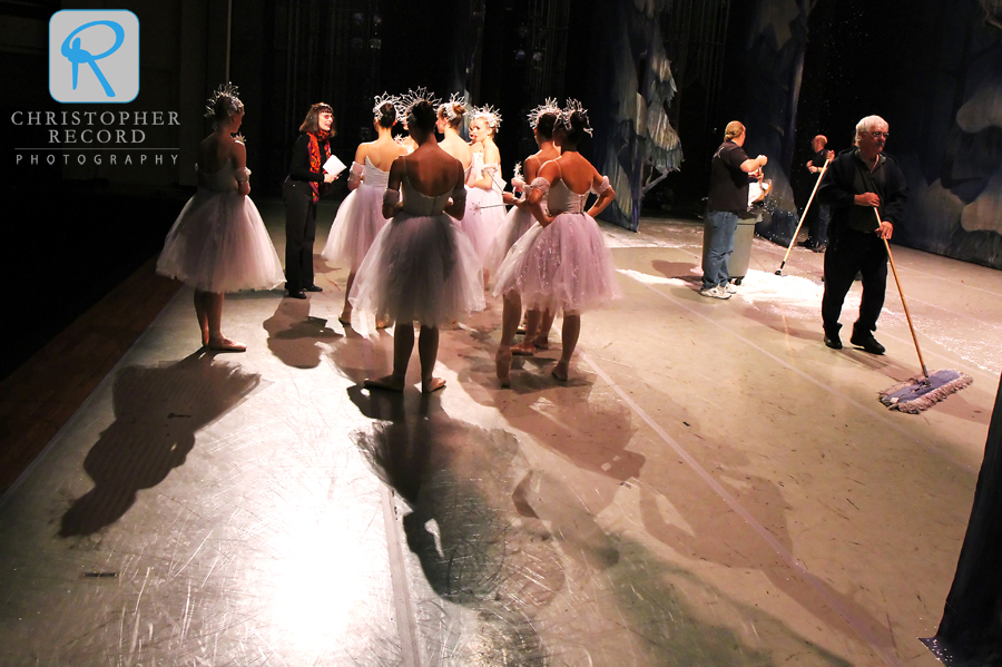 Associate artistic director Patricia McBride coaches the snowflakes as the crew cleans the stage