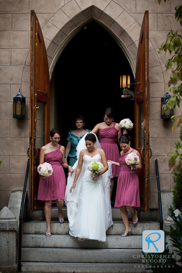 The ladies walk to the front of the church for the service