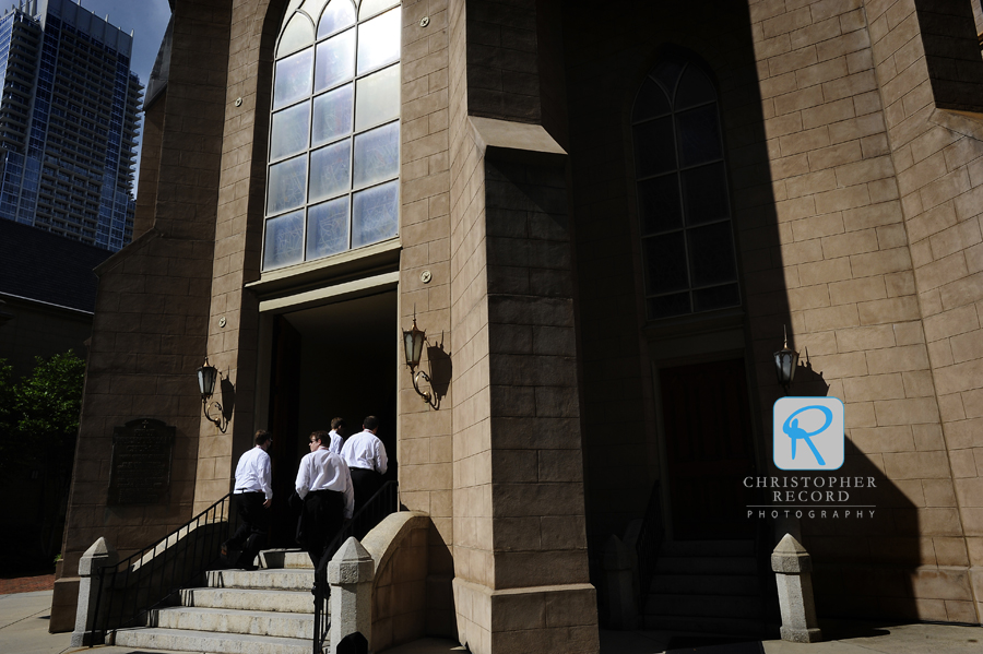 The men enter First Presbyterian Church